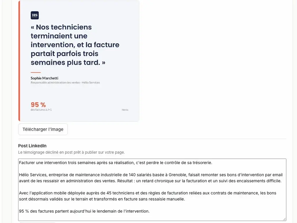Formats de diffusion d’un témoignage : visuel carré et post LinkedIn prêts à copier