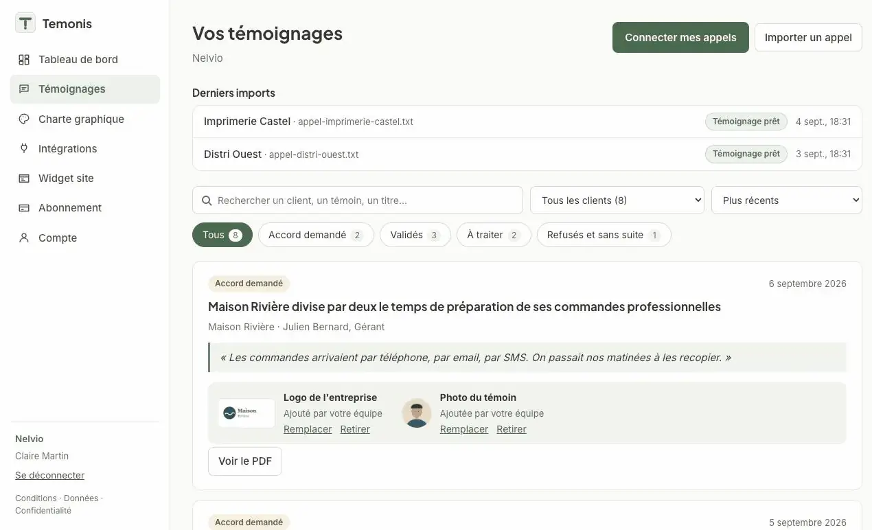 Liste des témoignages dans l’espace Temonis, avec statut, citation, logo et photo du témoin