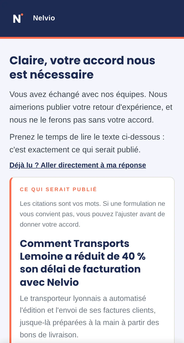 Page d'accord aux couleurs de Nelvio, sur téléphone : Claire, votre accord nous est nécessaire