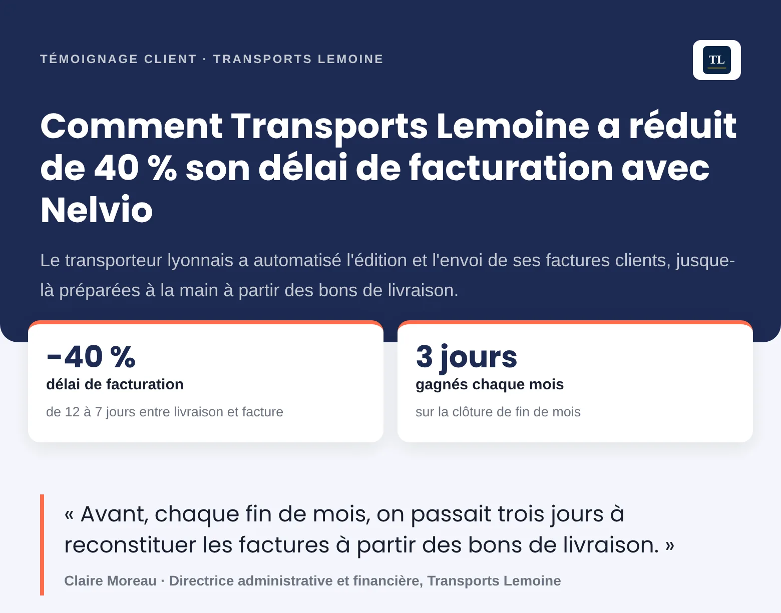 Le témoignage de Transports Lemoine mis en page aux couleurs de Nelvio : -40 % de délai de facturation, citation de Claire Moreau